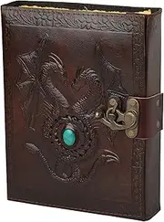 OVERDOSE Deckle Double Dragon with Stone Leather Journal - Vintage Travel Journal for Men & Women Sketch Diary Book of Shadows Handmade Vintage Deckle Edge Paper - 6 x 8 inches | 15 x 20 cm | A5