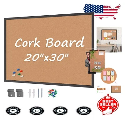 Premium 20" x 30" Black Framed Cork Board with 16 Push Pins for Display Needs