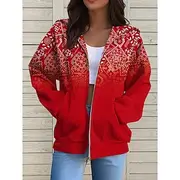 Women's Zip Up Hoodies Graphic Geometric Active Casual Long Sleeve Hooded Regular Tops Casual Holiday Zip Up Zipper Front Pocket Light Green Red Blue Purple Gr
