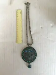 vintage Necklace pewter silver tone multi stone Jade pendant earth