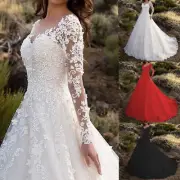 Women Vintage Long Sleeve HollowOut Dresses Lace Train Bridal Gown Wedding Dress