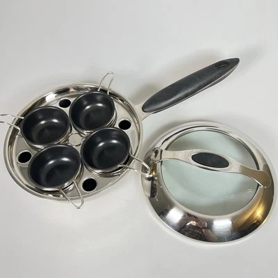 Professional Poached Egg Poaching Pan Set 4 Cups 18/10 SS Copper Bottom NIB H2