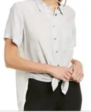 Theory Hekanina Tie-Front Linen Shirt Blouse Button Light Grey P= XS-S