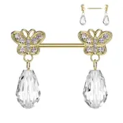 Nipple Ring CZ Pave Butterfly and Acrylic Gem Dangle Barbell pair