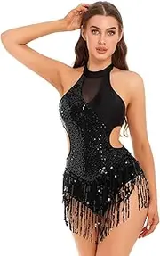 [Riismen] Women's Sequins Fringe Latin Jazz Dance Dress Tango Samba Salsa Leotard Ballroom Dancing Costume