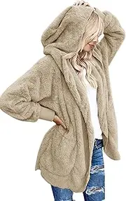 [Yanekop] Womens Fuzzy Fleece Open Front Hooded Cardigan Jackets Sherpa Outerwear Coats with Pockets
