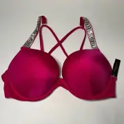 Victoria Secret 36A Bombshell Push Up Bikini Top LOGO Shine Strap Rose Pink