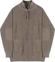 [Generic] Men Double Zippers Striped Cardigan Slim Fit Stand Collar Cardigan Sweater Winter Zippers Casual Jacket Big and Tall, Khaki, Large