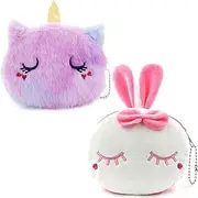 [ZCOINS] 2 Pack Cute Coin Purse Pouch with Keychain for Kids, Small Plush Unicorn Rabbit Keychain Coin Bag for Girls, Small Kids Zipper Wallet Pouch for Party Loot Bag Fillers Return Gift Pack