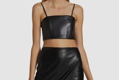$275 Alice + Olivia Women's Black Pearle Vegan Leather Crop Top Size 12