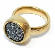 Hammered Yellow Gold 24K Plated Ring w Amazing Silver Gray Druzy Stone Sz 6.5