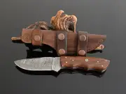 Damascus Steel Fixed Blade Knife with Handmade Leather Sheath for Scout Carry