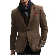 Men's Tweed Blazer Retro Vintage Herringbone Blazer Black Brown Dark Blue Plus Size Single Breasted Two-buttons