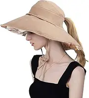 [Koreshion] Women Ponytail Sun Hat Reversible Fishing Hat Foldable Bowknot Summer Hat UPF 50+ Beach Cap Wide Brim Bucket Hat