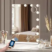 Oikiture Hollywood Vanity Mirror with Light 60.5 x 43cm Vanity Mirror with 15 Dimmable Bulbs, Bluetooth Speaker USB Power Charging Makeup Vanity Mirror with 10x Magnifying Mirror