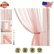 Light-Filtering Pom Pom Sheer Curtains 108"l x 52"w in Blush Pink - Modern Decor