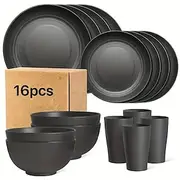 16pcs Unbreakable Dinnerware Set, Microwave Dishwasher Safe Reusable Black Tableware, Includes 8 Plates, 4 Bowls, 4 Cups, Ideal for Camping and Everyday Use