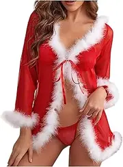 [Generic] Sleepwear Christmas V-Collar Robe Women Bandage Underwear Thong Net Lingerie Vintage Negligee Large