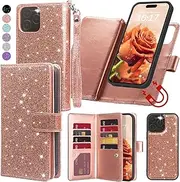 Varikke for iPhone 15 Pro Max Wallet Case Detachable with Card Holder for Women, Fashion Glitter PU Leather Strap Magnetic Flip Wallet Removable Phone Case Cover for iPhone 15 Pro Max 6.7", Rose Gold