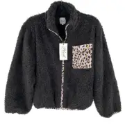 Plush Apparel Womens Black Full Zip Fleece Jacket Cheetah Print Pocket Small S