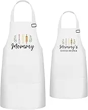 R HORSE 2Pcs Adults Kids Matching Apron Set Mommy and Me Adjustable Kitchen Apron with 2 Pockets Parent and Child Matching Gift for Mother's Day Women Daughter Cooking Baking Painting Training, White