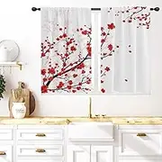 Coxila Cherry Blossom Kitchen Window Curtains 27.5 x 39 Inch Small Short Mini Cafe Rod Pocket Red Floral Sakura Flower Japanese Living Bedroom Room Home Treatment Set of 2 Curtain Panels Drapes Tiers