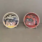 Lot of 2 Hand Carved African Soapstone Kenya Art 4" Bowls w/ Zebras & Trees