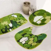 3Pcs Green Moss Bathroom Mat Set Includes Cute Moss Tufted U-Shaped Contour T...