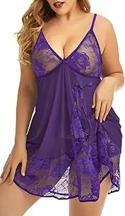 ADOREJOY Women's Lingerie Lace Babydoll Plus Size Sleepwear Nightwear Mesh Chemise
