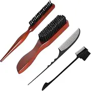 4Pcs Slick Back Hair Brushes Boar Bristle Hair Brush with Crescent Comb and Eyebrow Comb, Wooden Handle Bristle Slick Back Teasing Boar Bristle Sleek Styling Hair Brush