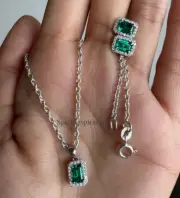 Emerald Lab Grown Diamond Pendant Necklace Set With 14k White Gold Stud Earring