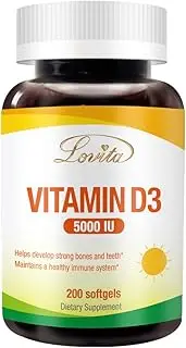 Lovita Vitamin D3 5000 IU to Boost Immune Support, Help Calcium Absorption, Support Healthy Teeth, Bone & Brain Development, 200 Softgel of Vitamin D3 Supplements for 200 Days Supply