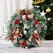 iDopick Artificial Christmas Wreath, 12in Handcrafted Front Door Wreaths Decorations Pre Lit with Variant Red Berry, Pinecone & Linen Bow Christmas Decorations for Home, Party, Holiday, Xmas Decor