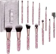 Makeup Brushes Bling Crystal Professional Face Cosmetics Blending Liquid Foundation Powder Concealer Eye Shadows Make Up Beauty Tool Glitter with Pouch Bag Kit Purely Handmade (12PCS) (Pink)
