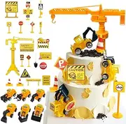 ZANZER 30pcs Construction Cake Toppers Mini Vehicles Decoration Set - Excavator, Tower Crane Toys, Traffic Party Supplies Gifts for Kids Boys Teens