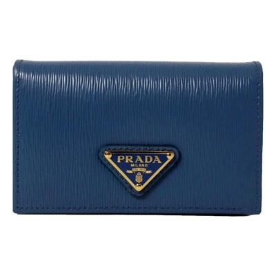 Prada Blue Vitello Move Leather Triangle Logo Card Case Wallet NEW