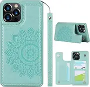 Cavor for iPhone 12 Pro Max Case Flower PU Leather Wallet Flip Magnetic Clasp Protective Back Cover Kickstand with Lanyard Card Slots Holder Shockproof Case-Horizontal Mandala Green