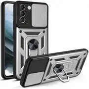 case For Samsung Galaxy S21 Ultra Slide Camera Lens Protection and Built in 360 Rotatable Ring Holder - Silver