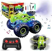 Peeokuo Remote Control Dinosaur Car, 2.4GHz RC Monster Trucks for Boys with Spray, Light & Sound, All Terrain RC Cars with 2 Batteries, Dinosaur Toys for Kids 3 4 5 6 7 8, Christmas Birthday Gift
