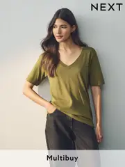 Olive Green Cotton Modal Slouch V-Neck T-Shirt (E59960) | $19