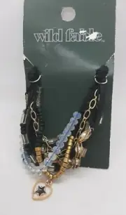 NWT Black Gold 8 Strand Pull Tie String Bracelet Pearls Crystal Beads Leather ++
