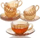 Glass Tea Cups and Saucers Set of 6, Glass Coffee Mugs with Stainless Steel Spoo