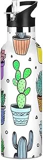 Kids Water Bottle with Straw for School 20 Oz, Water Bottle Stainless Steel for Travel or School, BPA-Free, Cacti Succulents White