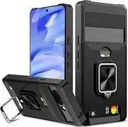 [rojarou] for Google Pixel 9a Case with [Card Holder] for Pixel 9a Case with[Slide Camera Cover][360° Rotate Ring Kickstand] Heavy Duty Protective Cover Phone Case for Pixel 9a-Black
