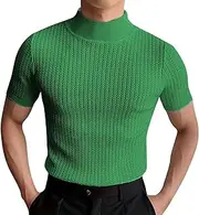 Mens Mock Turtleneck T Shirt Solid Ribbed Knit High Collar Short Sleeve Tops Spring Summer Slim Muscle Undershirt
