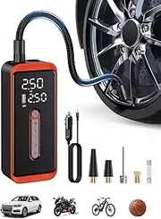 ROTOPATA Tyre Inflator Portable Air Compressor, 7500 mAh Cordless Fast Tyre Pump with LED Light & Pressure Gauge, 150PSI DC 12V Auto-Off Air Pump for Cars Bikes MotorBikes Balls (Red)