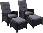 Gardeon Recliner Chairs 2-Piece Wicker Sun Lounger, Outdoor Lounge Setting Patio Furniture Backyard Garden Indoor Armchair Sofa, with Ottoman Cushions Adjustable Backrest Black