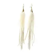 Bohemian Feather Dangle Earrings for Women with Shell Beads Long Style-Beige