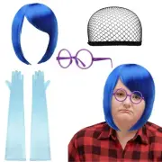 3 Pcs Costume, Short Blue Bob Wig, Pair Round Wizard Glasses, Blue Long Gloves