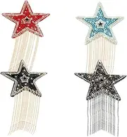 MINAOLULUS 4 Pcs Rhinestone Star Patch Stickers Set with Tassel Beads for DIY Crafts Durable Hot Melt Adhesive and High Temperature Resistant for Clothing Bags and More